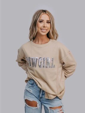 Sequin 'COWGIRL' Beige Crewneck Sweatshirt